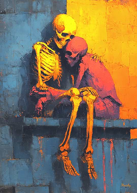Dystopian Skeleton Embrace in Neon Ruins