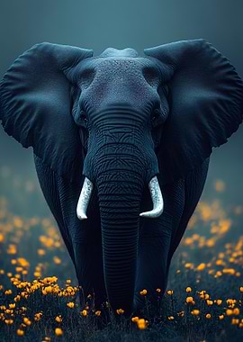 Elephant in a field of flowers