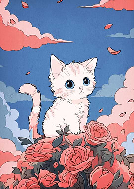 Cute Kitten on Roses Illustration