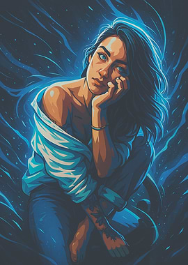 Pensive Woman in Blue Tones
