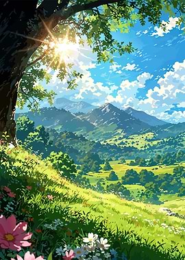 Lush Green Landscape with Flowers