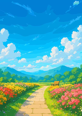 Anime Landscape with Flowers and Bench