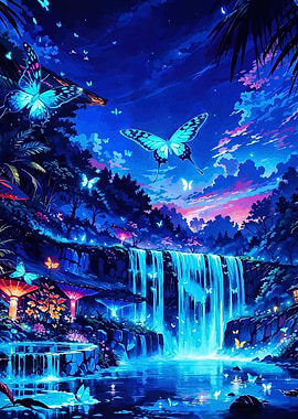 Blue Butterfly Waterfall Fantasy Landscape
