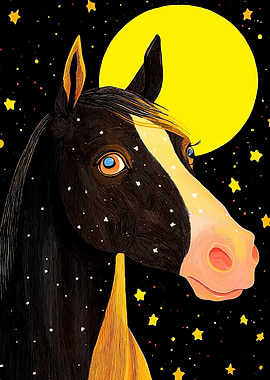 Horse in starry night with moon