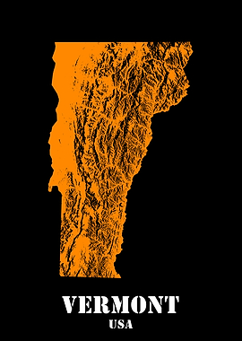 Vermont USA State Minimalist Black Orange Topographic Contour Relief Map featuring terrain in orange color
