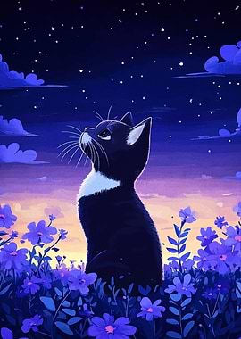 Cat Gazing at Stars in Flower Field