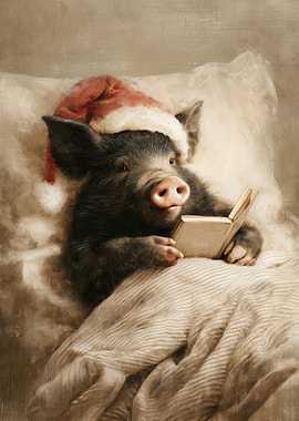 Pig in Bed Reading a Book