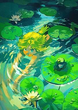 Girl Swimming in Lily Pond