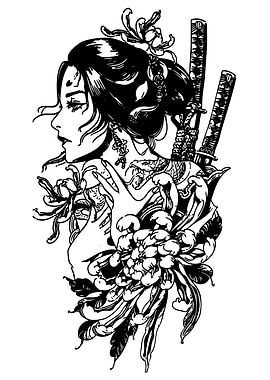 Geisha with Swords and Chrysanthemums