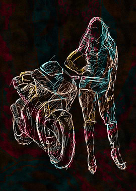Motorcycle and Woman Sketch Art