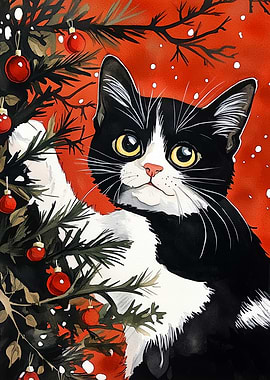 Watercolor Cat with Christmas Tree