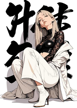 Fashionable Woman with Asian Calligraphy