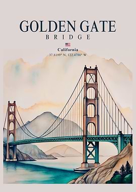 California Golden Gate Bridge Watercolor Art