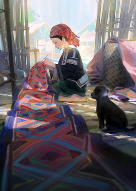 Girl Sewing with Puppy