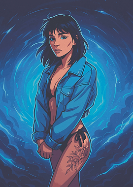 Blue Cartoon Woman with Tattoo