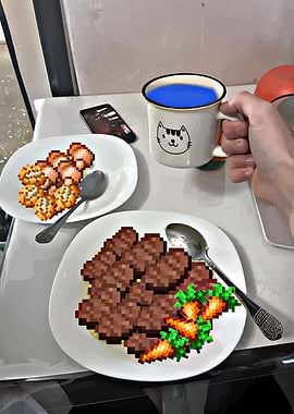 Pixelated Meal with Blue Drink