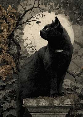 Black Cat on Pedestal with Moon