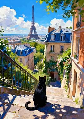 Black Cat in Paris Painting