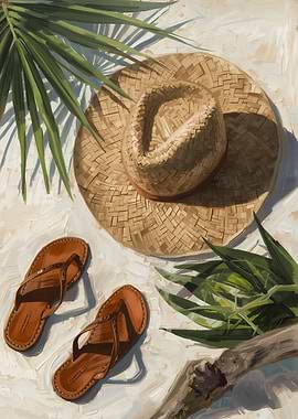 Beach Still Life with Hat and Sandals