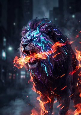 Lion Roaring in Flames