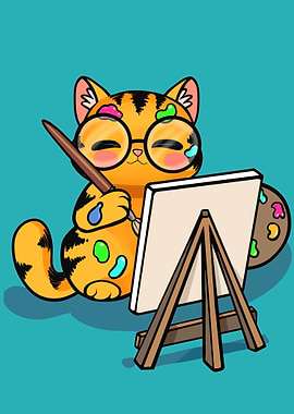 Cartoon Cat Artist with Easel