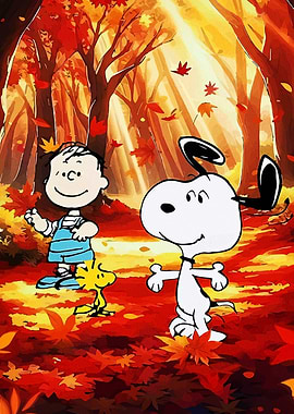Snoopy, Linus, and Woodstock in Autumn