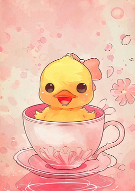 Cute Duckling in Teacup Illustration