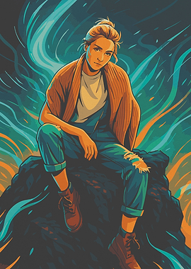 Woman Sitting on Rock, Digital Art