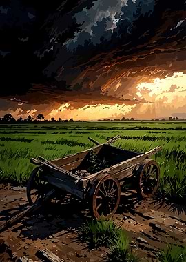 Old Cart in Field at Sunset