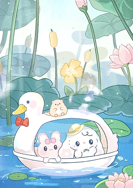 Cute Animals in Swan Boat on Pond
