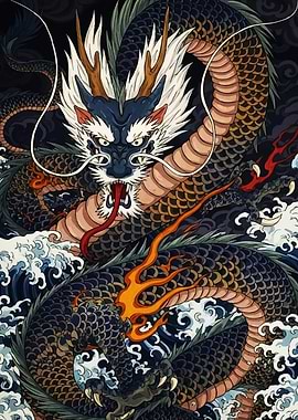 Japanese Dragon in Waves