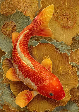 Koi Fish and Golden Flowers