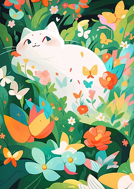Cat in a floral garden