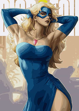 Blonde Superheroine in Blue Dress