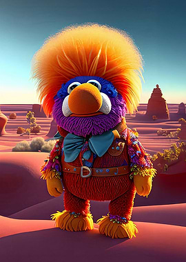 Colorful Muppet-like Character in Desert Landscape