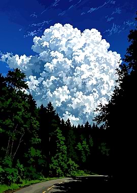 Road through forest with large cloud