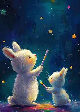 Whimsical Rabbits with Sparklers under Starry Sky