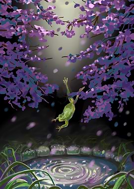 Frog Leap into Cherry Blossom Pond