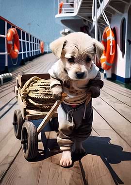 Puppy pulling cart on ship deck