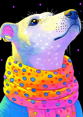 Colorful Dog Portrait with Polka Dot Scarf