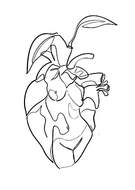 Anatomical Heart with Leaves Line Art