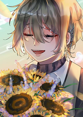 Smiling Anime Character with Sunflowers