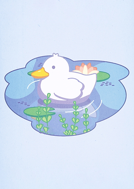 Cute Duck in Pond Illustration
