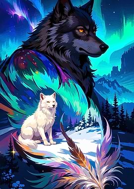 Wolf and Fox Aurora Landscape