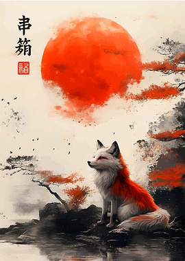Fox and Red Sun Japanese Art