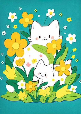 Cute Cats in a Flower Garden
