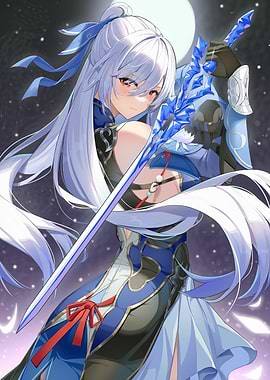 Anime Girl with Sword under Moonlight