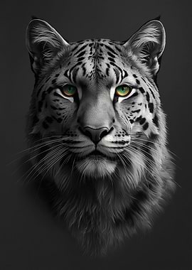 Snow Leopard Portrait — Monochrome Realistic Head Study with Emerald Eyes