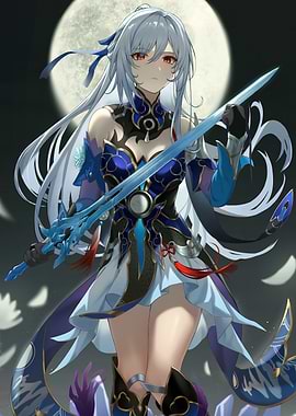 Anime Girl with Sword and Moon