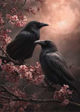 Two Ravens on Cherry Blossom Branch